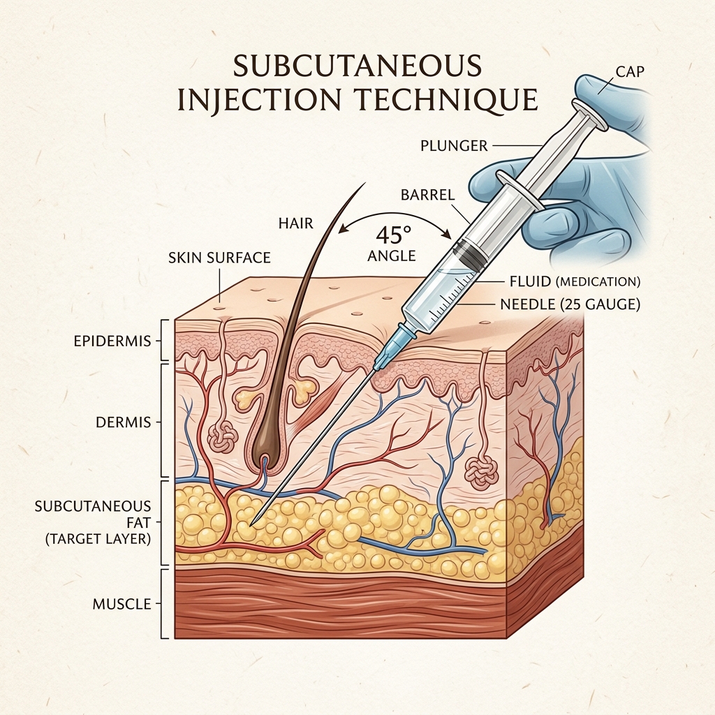 Subcutaneous injection technique — the needle enters at 45° and delivers into the fat layer just beneath the skin, well above muscle.